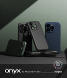iPhone 15 Pro Max Case | Onyx - Multiple textured iPhone 15 Pro Max cases in black, blue, and green arranged on a dark surface.