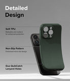 iPhone 15 Pro Max Case | Onyx - Dark green flexible phone case showing TPU material, non-slip texture, and lanyard holes.
