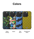 iPhone 15 Pro Max Case | Onyx Design - Four phone cases with paint splatter, sticker collage, blue brush, and yellow checkerboard patterns.