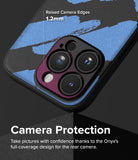 iPhone 15 Pro Max Case | Onyx Design - Close-up of phone case showing 1.2mm raised camera edges and blue brushstroke pattern.