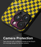 iPhone 15 Pro Max Case | Onyx Design - Yellow and black checkered phone case highlighting 1.2mm raised camera protection.