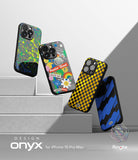 iPhone 15 Pro Max Case | Onyx Design - Four phone cases with paint splatter, sticker, checkerboard, and blue brush patterns.