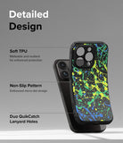 iPhone 15 Pro Max Case | Onyx Design - Black phone case with blue and yellow paint splatter pattern and labeled features.