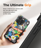 iPhone 15 Pro Max Case | Onyx Design - Hand holding a black phone case covered in colorful, playful stickers and micro-dot textured sides.