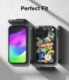iPhone 15 Pro Max Case | Onyx Design - Black phone case with colorful sticker-style graphics, shown from multiple angles.