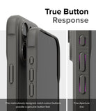 iPhone 15 Pro Max Case | Onyx - Close-up of phone case buttons with notch-cutouts for tactile response and fine aperture lines.