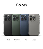 iPhone 15 Pro Max Case | Onyx - Four iPhone 15 Pro Max cases in black, dark green, navy, and gray arranged in a row.