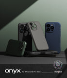 iPhone 15 Pro Max Case | Onyx - Multiple iPhone 15 Pro Max cases in various colors arranged on a dark surface against a green wall.