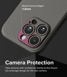 iPhone 15 Pro Max Case | Onyx - Close-up of a gray phone case highlighting 1.2mm raised edges around the camera lenses.