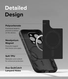 iPhone 15 Pro Max Case | Onyx Magnetic - Diagram showing case features: polycarbonate, neodymium magnet, TPU, and lanyard holes.
