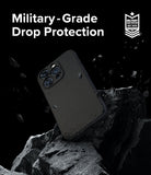iPhone 15 Pro Max Case | Onyx Magnetic - Black phone case floating above jagged rocks with military-grade protection text.