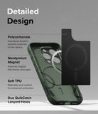 iPhone 15 Pro Max Case | Onyx Magnetic - Exploded view of a green phone case highlighting magnetic, TPU, and lanyard features.