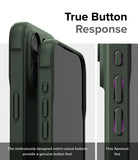 iPhone 15 Pro Max Case | Onyx Magnetic - Close-up of dark green phone case buttons with textured sides and fine aperture lines.