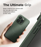 iPhone 15 Pro Max Case | Onyx Magnetic - Hand holding a green phone case featuring a textured micro-dot side grip.