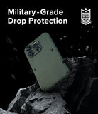 iPhone 15 Pro Max Case | Onyx Magnetic - Olive green phone case floating above jagged rocks with debris and text.