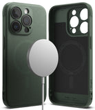 iPhone 15 Pro Max Case | Onyx Magnetic - Dark green textured phone case shown from back and interior with magnetic charger.