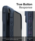 iPhone 15 Pro Max Case | Onyx - Close-up of textured navy phone case buttons with highlighted aperture lines for tactile feel.