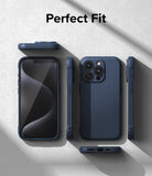 iPhone 15 Pro Max Case | Onyx - Multiple views of a navy blue phone case showing front, back, and side profiles on a textured surface.