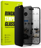 iPhone 15 Pro Max Screen Protector | Privacy Glass - iPhone 15 Pro Max Screen Protector - Privacy glass overlaying a smartphone screen next to a bright yellow product box.