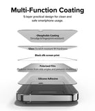 iPhone 15 Pro Max Screen Protector | Privacy Glass - Exploded view of 5-layer screen protector showing coating, glass, and adhesive layers.