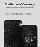 iPhone 15 Pro Max Screen Protector | Privacy Glass - Comparison showing shattered privacy glass held together versus loose shards on a standard screen.