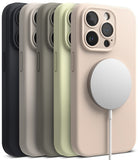 iPhone 15 Pro Max Case | Silicone Magnetic - Five iPhone 15 Pro Max silicone cases in various colors with a MagSafe charger.