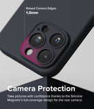 iPhone 15 Pro Max Case | Silicone Magnetic - Close-up of a black phone case highlighting 1.0mm raised camera protection.
