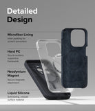 iPhone 15 Pro Max Case | Silicone Magnetic - Exploded view showing microfiber, hard PC, magnet, and silicone layers.