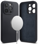 iPhone 15 Pro Max Case | Silicone Magnetic - Deep blue silicone case shown from back and interior with MagSafe charger.
