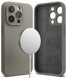 iPhone 15 Pro Max Case | Silicone Magnetic - Gray silicone phone case with magnetic charger and interior view.