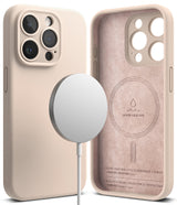 iPhone 15 Pro Max Case | Silicone Magnetic - Pink sand silicone case showing exterior and suede-lined interior.