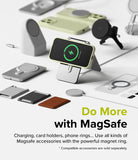 iPhone 15 Pro Max Case | Silicone Magnetic - iPhone in a yellow case charging on a stand surrounded by MagSafe accessories.