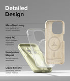 iPhone 15 Pro Max Case | Silicone Magnetic - Exploded view of phone case layers showing microfiber, PC, magnet, and silicone.