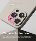 iPhone 15 Pro Max Case | Silicone Magnetic - Beige phone case highlighting 1.0mm raised edges around the camera lens.