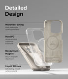 iPhone 15 Pro Max Case | Silicone Magnetic - Exploded view of phone case layers showing microfiber, PC, magnets, and silicone.