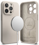 iPhone 15 Pro Max Case | Silicone Magnetic - Stone-colored silicone case with magnetic charger and suede interior.
