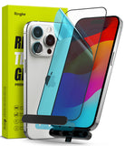 iPhone 15 Pro Max Screen Protector | Full Cover Glass - iPhone 15 Pro Max Screen Protector - Glass screen protector being applied to a silver iPhone with a yellow product box.