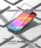 iPhone 15 Pro Max Screen Protector | Full Cover Glass - iPhone 15 Pro Max Screen Protector - Tempered glass film hovering above an iPhone 15 Pro Max on a white background.
