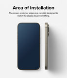 iPhone 15 Pro Max Screen Protector | Easy Slide Tempered Glass - iPhone 15 Pro Max Screen Protector - Front and side views of a smartphone showing the precise fit of the screen protector.
