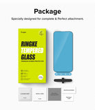 iPhone 15 Pro Max Screen Protector | Full Cover Glass - iPhone 15 Pro Max Screen Protector - Ringke tempered glass packaging, screen protector, and installation kit accessories.