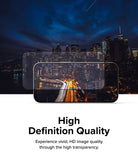 iPhone 15 Pro Max Screen Protector | Full Cover Glass - iPhone 15 Pro Max Screen Protector - Transparent glass overlaying a smartphone displaying a vibrant night city skyline.