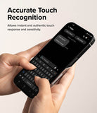 iPhone 15 Pro Max Screen Protector | Full Cover Glass - iPhone 15 Pro Max Screen Protector - Hands holding a smartphone with a glass screen protector, typing on the keyboard.