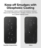 iPhone 15 Pro Max Screen Protector | Easy Slide Tempered Glass - iPhone 15 Pro Max Screen Protector - Comparison showing water beading on oleophobic glass versus smudges on standard glass.