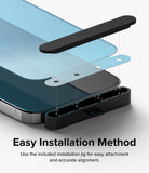 iPhone 15 Pro Max Screen Protector | Full Cover Glass - iPhone 15 Pro Max Screen Protector - Exploded view showing a screen protector being aligned onto a phone using a jig.