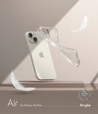 iPhone 15 Plus Case | Air - Clear phone case floating next to an iPhone 15 Plus with white feathers on a beige background.