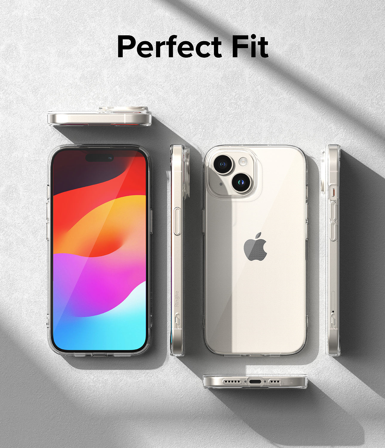 iPhone 15 Plus Case | Air - Clear phone case shown from multiple angles on a textured gray background with Perfect Fit text.