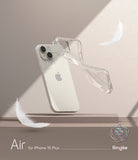 iPhone 15 Plus Case | Air - A clear, lightweight phone case floating next to an iPhone 15 Plus with white feathers on a beige background.