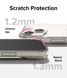iPhone 15 Plus Case | Air - Clear glitter case showing 1.2mm camera lips and 1.3mm raised screen bezel for scratch protection.
