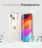 iPhone 15 Plus Case | Air - A clear, glittery phone case standing in front of an iPhone 15 Plus surrounded by ice cubes.