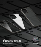 iPhone 15 Plus Case | Fusion Bold - Three black Fusion Bold phone cases arranged on a dark, patterned background.
